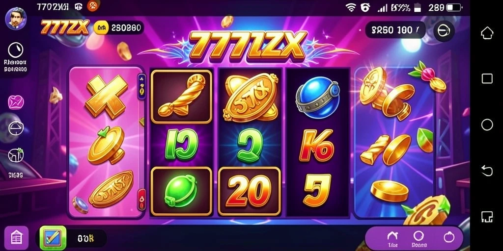 Screenshot gameplay menunjukkan gulungan berputar dari permainan Slot 777ZX.
