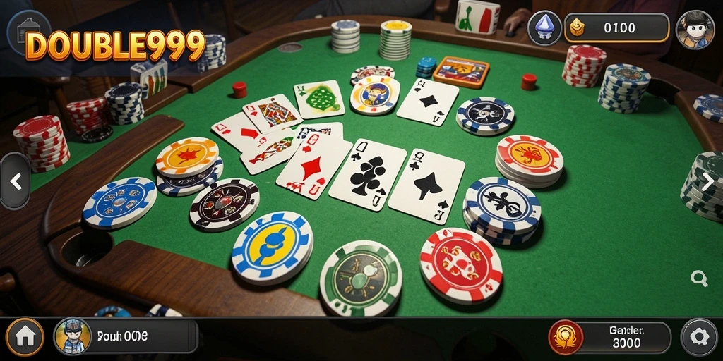 Screenshot utama DOUBLE999 menunjukkan gameplay Gaple yang menarik dan interaktif.