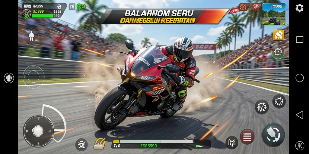 Gameplay seru RR999 dengan balapan motor menegangkan.